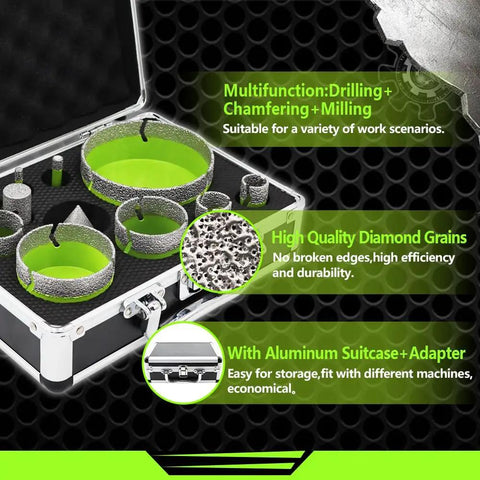 Porcelain Tile Diamond Core Drill Bit Set And Hole Saw Kit, 12 Piece in open aluminum case with diamond grains detail.