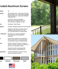 Extruded Aluminum Screen with 94-inch tracks, round spline, and nylon wheel roller, shown in porch and patio applications.