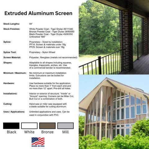 Extruded Aluminum Screen with 94-inch tracks, round spline, and nylon wheel roller, shown in porch and patio applications.