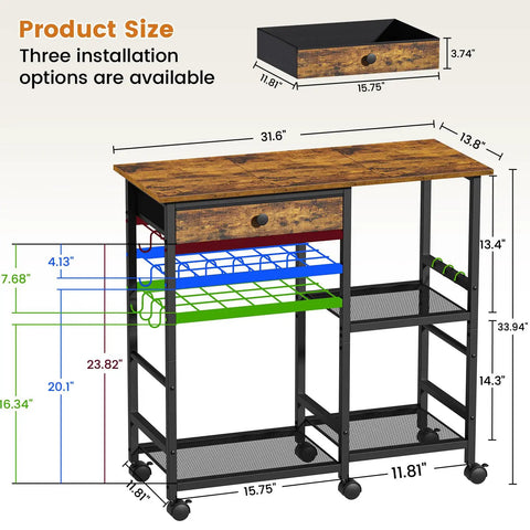 Diagram of Microwave Stand With Wheels 6-Tier Rolling Cart Adjustable Shelves Kitchen Island Storage with dimensions and drawer