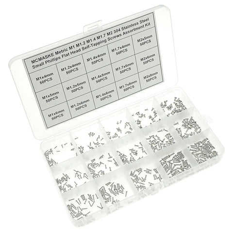 Pro Grade 750 Piece Metric Self Tapping Screws Kit In 304 Stainless Steel With Phillips Flat And Countersunk Heads Covers M1 To M2 Sizes