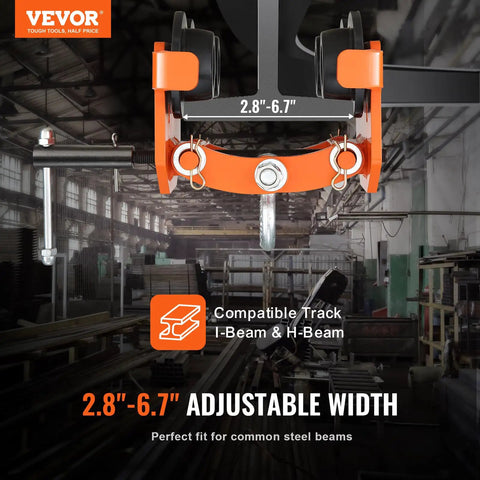 Beefy Manual Beam Trolley For 2 Ton Load, Dual Wheel Push Trolley With Adjustable I Beam Flange Width 2.8 To 6.7 Inches