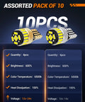 194 LED Bulbs Kit 6000K White 360 Degree Beam T10 Wedge Replacement For License Plate Lights Dome Map Door Courtesy Trunk Parking Interior Car Lights 10 Pack Crazy Bright Six Hundred Percent Brighter Than Halogen Easy 3 Minute Install. Image shows assorted pack of LED bulbs with specifications including quantity, brightness, and voltage.