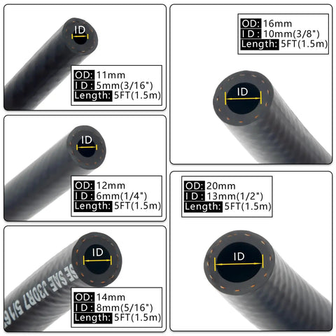 Different sizes of Fuel Line Hose Kit Five Foot Set With Twenty Five Clamps Includes Five Sizes Three Eighths Inch Five Sixteenths Inch One Quarter Inch One Half Inch Three Sixteenths Inch ID Durable Reinforced NBR Rubber Push Lock High Pressure 300 PSI For Small Engines visible.