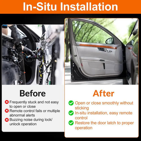 Before and after images showing In-Situ Installation of Heavy Duty Power Door Lock Actuator for Kia Soul 2014 to 2019.