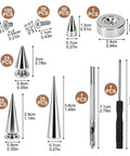 100 Piece Zinc Alloy Spikes And Studs Kit With Screw Back Rivets In Assorted Silver Metallic Finishes For Leather Crafting shoe embellishments close-up of various spikes and tools.