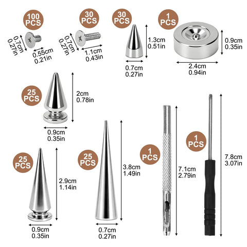 100 Piece Zinc Alloy Spikes And Studs Kit With Screw Back Rivets In Assorted Silver Metallic Finishes For Leather Crafting shoe embellishments close-up of various spikes and tools.