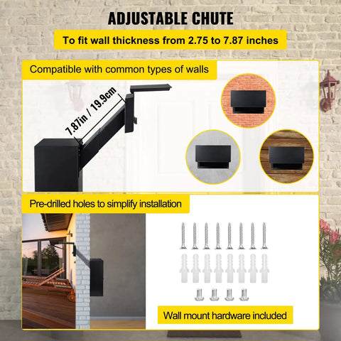 Tough As Nails Through The Wall Mail Drop Box with adjustable chute shown with installation hardware and wall compatibility.