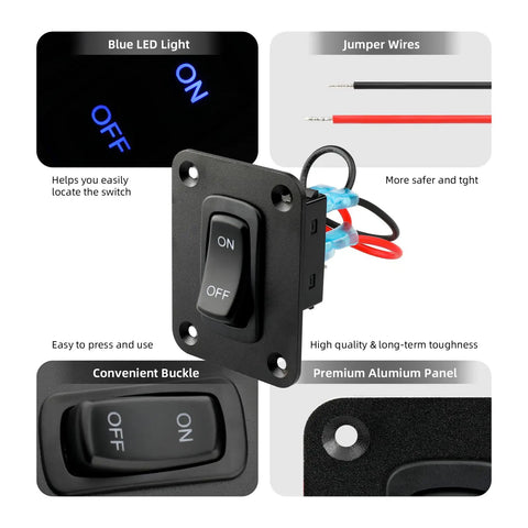 Five Pin 12V Waterproof Rocker Switch Panel One Gang With On Off Toggle For Boats RVs ATVs Trailers Marine Lights And Pumps Plug And Play Heavy Duty Automotive Replacement Switches, black aluminum panel with blue LED and jumper wires
