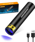 365 Nanometer Mini Black Light UV Flashlight With USB Rechargeable Power Portable Woods Lamp shown with package and charging cable
