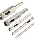 Pro Grade Diamond Drill Bit Set For Tile Glass Marble Granite And Fiberglass Core Hole Saw Nickel Plated Shank Five Pack, showing drill bits with diamond coating.