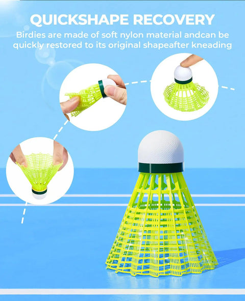 12 Pack Nylon Badminton Shuttlecocks For Backyard Fun And Outdoor Play, Wind Resistant 5.5g Weighted Birdies emphasizing flexibility.