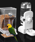 Automatic Bird Feeder And Water Dispenser Set For Cage With No Fuss Seed Catcher keeps the stand slick, showing acrylic seed container.