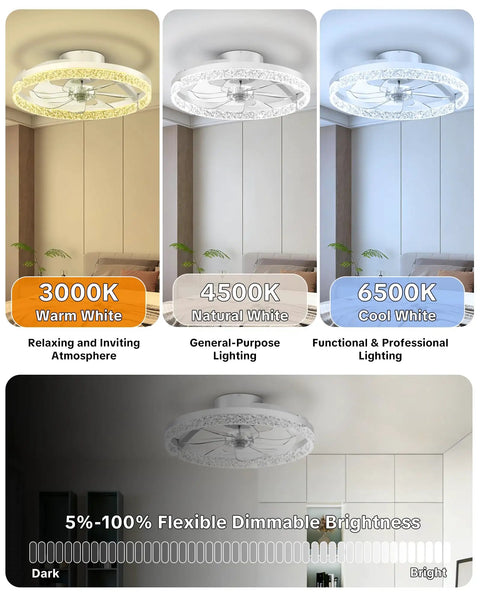 20 Inch Low Profile Fandelier With Integrated Light And Smart App Control, Modern Ceiling Fan with adjustable light color temperatures.