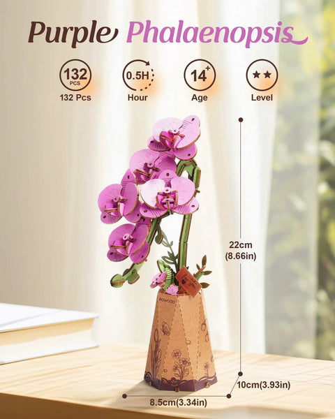 3D Wooden Flower Puzzle Kit For Adults, Dope DIY Botanical Orchid Build Set, Purple Moth Orchid Craft Project, Perfect Gift For Mother's Day, Valentine's Day, Teacher's Day, Home Decor And Creative Relaxation. Purple wooden orchid model, 22cm tall, 132 pcs.