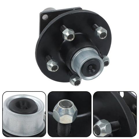 Close-up of Two Pack Preassembled Trailer Hub Kit With 84 Flange Spindle 5 On 4.5 Inch Bolt Pattern Pre Lubricated And Ready To Roll