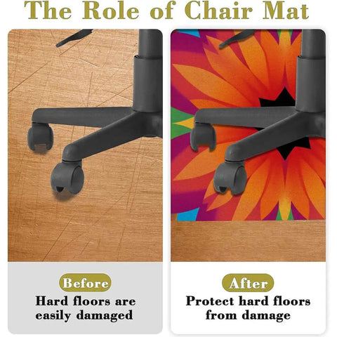 Chic Floral Chair Mat For Hardwood Floors Non Slip Castor Glide Guard 55 Inch Round showing before and after floor protection.