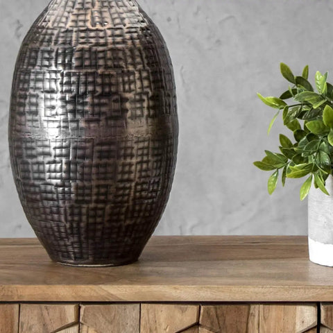 Close-up of Cordova 20 Inch Iron Table Lamp With Hammered Bronze Base And Cotton Shade, Rustic Modern Lighting, Brown Finish