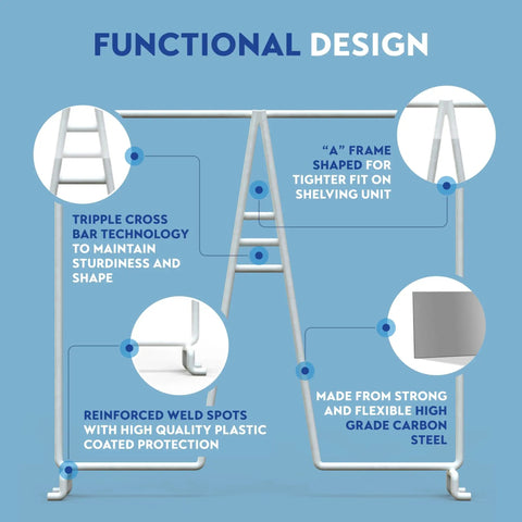 Functional design of White Wire Shelf Dividers For Closet Organization, 8 Pack with A-frame and triple crossbar for sturdiness.