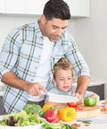 Blue RISICULIS wooden kids knife set on cutting board; includes plastic toddler knife and assorted kid-friendly kitchen tools