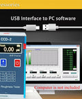 Surface Roughness Tester Profilometer with USB data output on a table beside a PC monitor displaying test results.