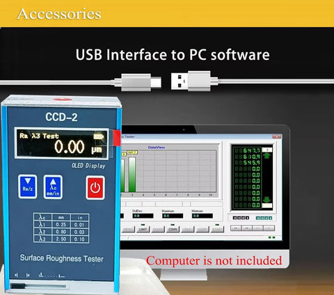 Surface Roughness Tester Profilometer with USB data output on a table beside a PC monitor displaying test results.