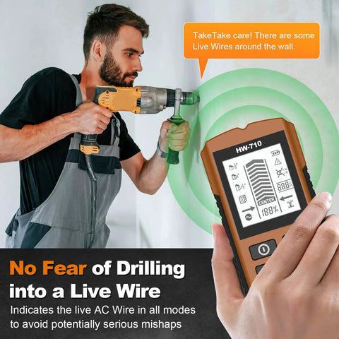 Professional Studs Finder with Multiple Depth Setting for Location of Hide Structures Behind Wall and Ceilings Electric Wire Transducer for Partitions in use with drill near live wires.