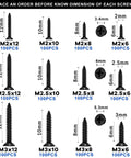 Image of 1200 Pcs Black Self Tapping Screws Set for wood, plastic, and metal in M2, M2.5, M3 sizes with dimensions displayed.