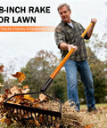 Man using Heavy Duty Garden Rake With 14 Tines And 58 Inch Fiberglass Handle Built To Last High Carbon Steel Build For Extreme Durability
