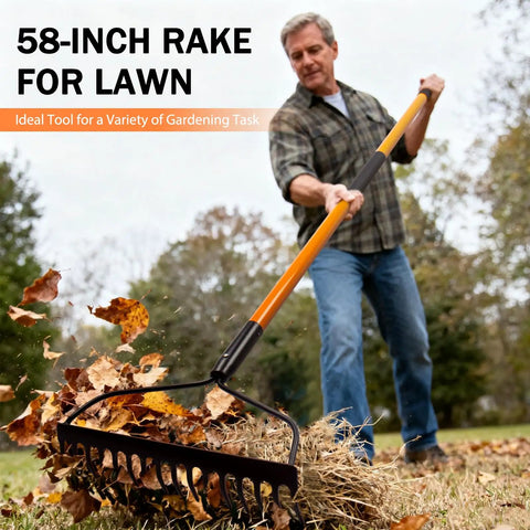 Man using Heavy Duty Garden Rake With 14 Tines And 58 Inch Fiberglass Handle Built To Last High Carbon Steel Build For Extreme Durability