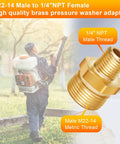 Brass pressure washer adapter, 1/4 NPT male to M22-14 metric male threads.
