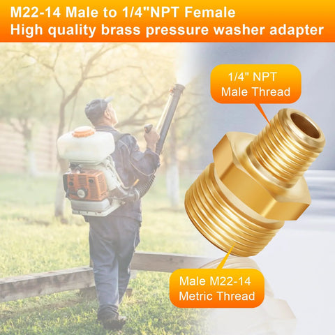 Brass pressure washer adapter, 1/4 NPT male to M22-14 metric male threads.