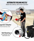 Man using Road Ready Portable Diesel Transfer Tank 116 Gallon Capacity With 12V Electric Pump, 10 GPM Flow, 13.1 Ft Rubber Hose