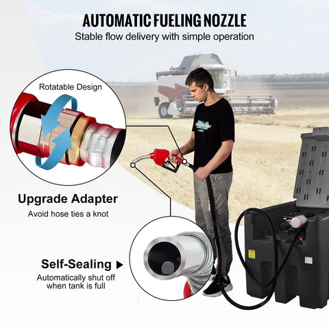Man using Road Ready Portable Diesel Transfer Tank 116 Gallon Capacity With 12V Electric Pump, 10 GPM Flow, 13.1 Ft Rubber Hose