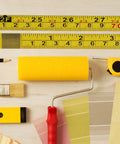 Top Shelf Adhesive Measuring Tape Kit For Woodworking Sweet Sticky Metal Ruler Premium Carbon Steel Tape Measure Peel And Stick Tool Compatible With Router Table Saw Inch And Metric One Meter Length with yellow measuring tape and painter's tools.