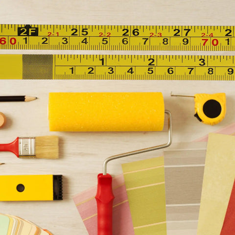 Top Shelf Adhesive Measuring Tape Kit For Woodworking Sweet Sticky Metal Ruler Premium Carbon Steel Tape Measure Peel And Stick Tool Compatible With Router Table Saw Inch And Metric One Meter Length with yellow measuring tape and painter's tools.