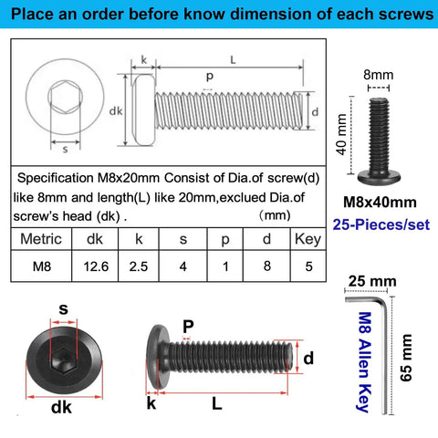 M8 X 40MM 25 Pack Flat Head Hex Socket Cap Screws Built Tough To Resist Wear In 304 Stainless Steel With Black Coating For Furniture Assembly That Finally Gets The Job Done Right, showing dimensions and specifications.