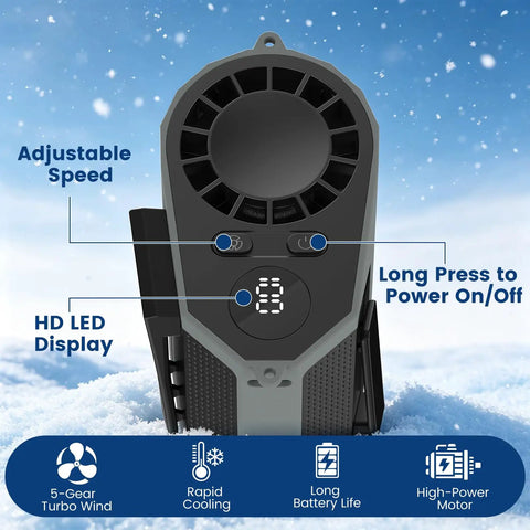 Beast Mode Portable Waist And Neck Fan With 14000 RPM Airflow showing HD LED display, adjustable speed, and power button.