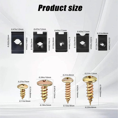 Shop Grade Automotive Screw And U Nut Clip Assortment Kit For Car Dash Door Panel Repair Heavy Duty Rust Resistant Fasteners product size chart