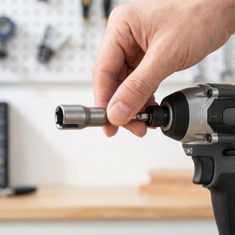 Hand holding Two Pack Wing Nut Driver Set With Quick Connect Hex Shank One Quarter Inch attached to drill.