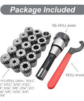 R8 ER32 Collet Holder Set For CNC Milling Lathe Kit With 15 ER32 Collets, R8 Shank Wrench, and Plastic Case displayed together.