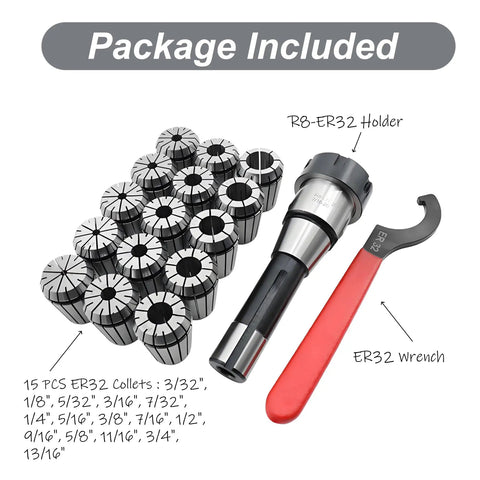 R8 ER32 Collet Holder Set For CNC Milling Lathe Kit With 15 ER32 Collets, R8 Shank Wrench, and Plastic Case displayed together.