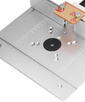 Premium Billet Aluminum Router Lift Kit With Dead On 180 Degree Swivel Insert Plate For Woodworking Tables close-up view of the swivel plate.