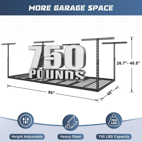 Heavy Duty Overhead Garage Storage Rack System 4x8 Foot Ceiling Organizer Adjustable 26 To 40 Inches 750 Pound Capacity