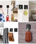 Self Adhesive RV Toilet Paper Holder With Two Hanging Hooks For Campers No Drill Wall Mount Black Finish Ideal For Bathroom Kitchen Or Bedroom Durable Rustproof Stainless Steel Build For Lasting Use shown on various surfaces.