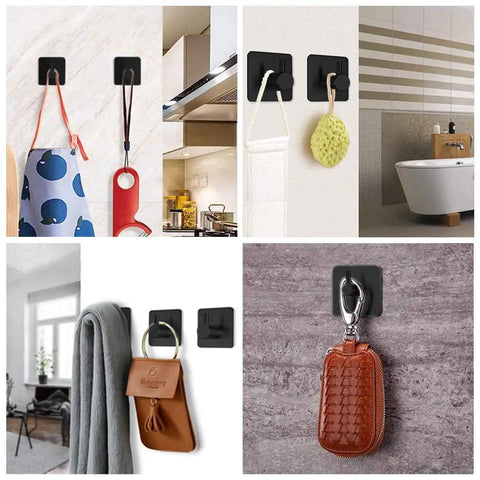 Self Adhesive RV Toilet Paper Holder With Two Hanging Hooks For Campers No Drill Wall Mount Black Finish Ideal For Bathroom Kitchen Or Bedroom Durable Rustproof Stainless Steel Build For Lasting Use shown on various surfaces.