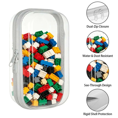 Six Pack Clear Hard Shell Zipper Cases Built Like A Tank With Solid Pet Plastic Keeps Tech And Cards Smash Free Stackable Measures Seven Point Nine By Four Point Seven By Two Inches Ultimate Setup filled with colorful bricks.