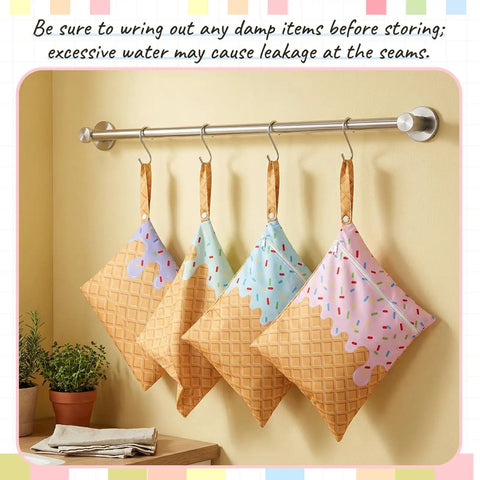 Ice Cream Pink Two Pack Waterproof Wet Dry Bags Set With Zipper Pouches hanging on a rod, featuring ice cream cone design.
