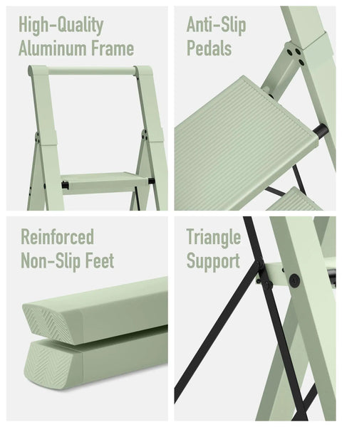4 Step Foldable Aluminum Ladder That Doubles As A Lightweight Step Stool No Assembly Needed With Compact 2.1 Inches Folded Thickness And Reaches Up To 29.7 Inches For Easy Home Garage Use, aluminum frame and non-slip feet