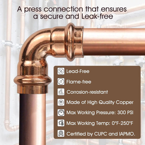 Close-up of 12 Pack Copper Press Fittings Three Quarter Inch By Three Quarter Inch 90 Degree Elbow Zero Lead Copper Coupling